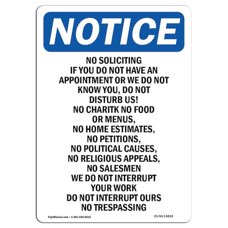 Signmission OSHA Notice Sign, 24" H, 18" W, Rigid Plastic, No Soliciting If You Do Not Have Sign, Portrait OS-NS-P-1824-V-14824